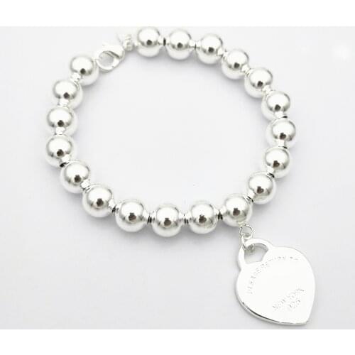 1: 1 sterling silver 925 classic fashion silver heart card 8mm round beads ladies bracelet jewelry holiday gift