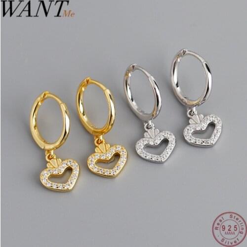 WANTME New Fashion Sweet Love Heart Stud Earrings for Women Genuine 100% 925 Sterling Silver Pave CZ Wedding Fine Jewelry Gift