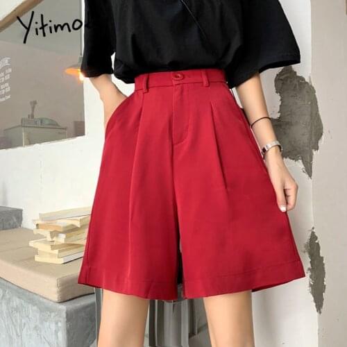Red shorts women loose high waist wide leg Solid harajuku plus size Straight summer korean fashion black shorts elastic waist