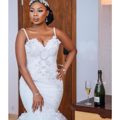 African Plus Size 2022 Mermaid Wedding Gowns Spaghetti Sweetheart Major Beading Backless Lace Tiered Skirts Bride Dresses
