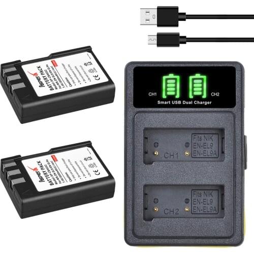 2Pcs 2000mAh EN-EL9 EN EL9 EL9A EN-EL9a Batteries + LED Built-in USB Charger Type C for Nikon D40 D60 D40X D5000 D3000
