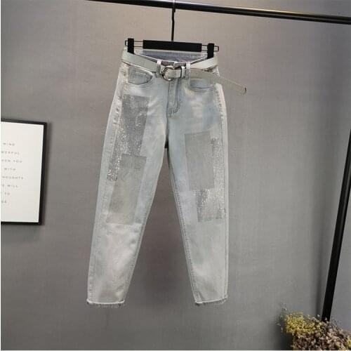 Cakucool New Diamonds Beading Shiny Chic Jeans Empire patchwork thin summer Denim Harem pants Casual grey Capris Feme Plus size