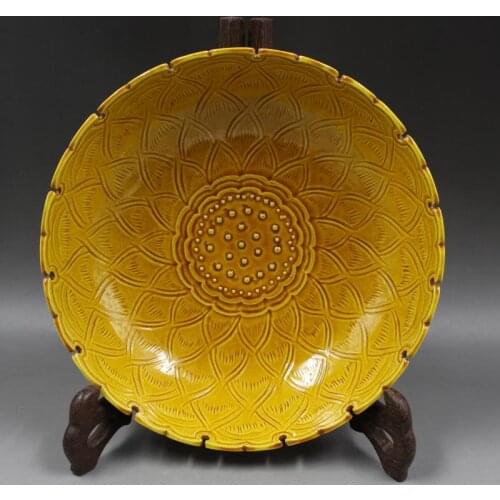 Antique MingDynasty porcelain plate,Yellow glaze Engraved lotus disk,Hand-painted crafts,Decoration,Collection&Adornment