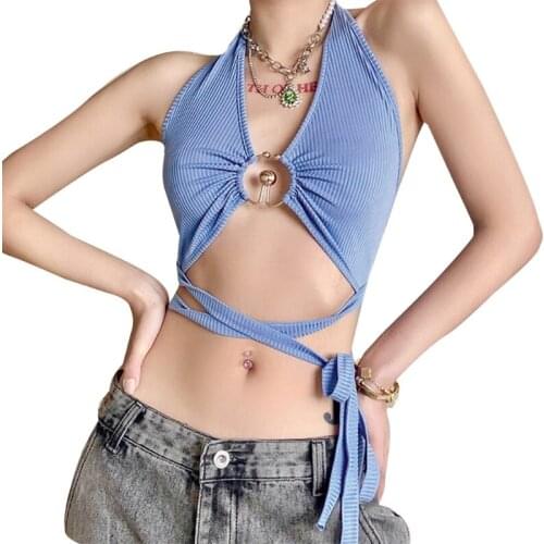 H9ED Women Sexy Halter Ring Front Backless Crop Top Deep V-Neck Ribbed Solid Color Camisole Hollow Out Crisscross Bandage Slim