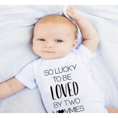 So Lucky to Be Loved by Two Mommy Newborn Baby Boys Girls Bodysuit Letter Print Romper Short Sleeve Jumpsuits Clothes Outfits
