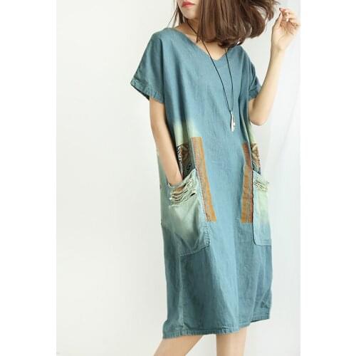 Personality national wind printing Hole pocket v-neck denim dress mori girl 2018 autumn