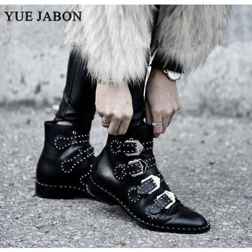 Fashion Black Rivets Faux Leather Booties Buckle Straps Thick Heel Ankle Women Boots Studded Decorated Woman Motorcycle Boots