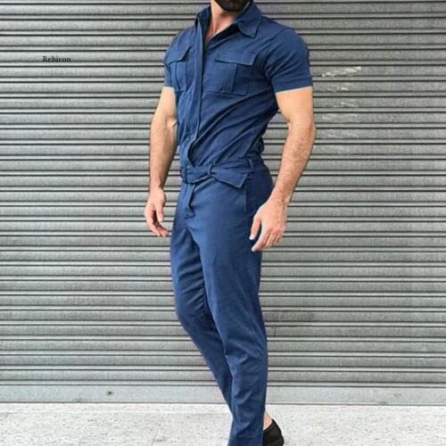 Mens Cotton Jumpsuit Overalls Casual Notched Short Sleeve Rompers Solid Overall Zipper Romper Pocket Trousers