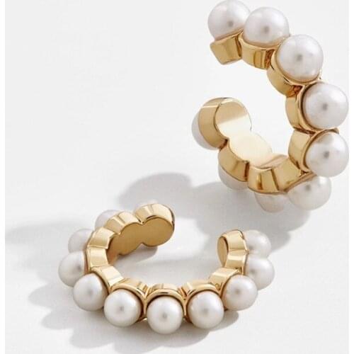 New Geometric Irregular Golden Imitation Pearl C-shaped Ear Clip Metal Single Brass Ear Bone Clip No Piercing Couple Earrings-A