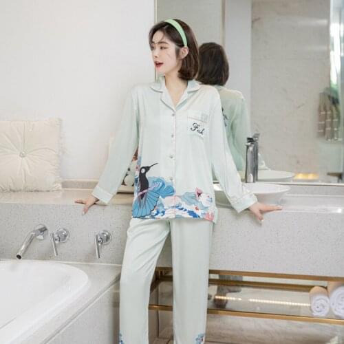 Pajamas Set Womens Spring Summer New Korean Version Thin Nightwear Lapel Cardigan Nightgown Two Piece Suit Homewear Sleepwear