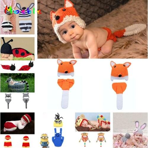 Crochet Animal Designs Newborn Costume for Photo Shoot Infant Baby Photography Props Knitted Baby Hats Shower Gift