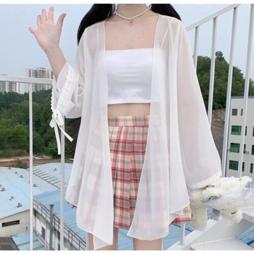 Japan Soft Girls Clothes Summer Kimono 2021 Fashion Chiffon Blouse Women Mori Vintage Cardigan Top Beach Cover Up White Shirts
