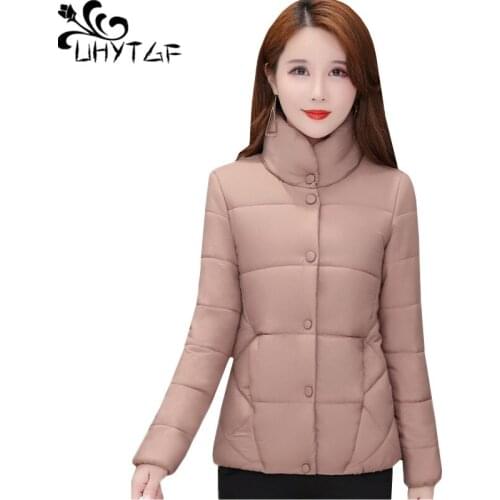 UHYTGF parker womens single breasted casual winter jacket women long sleeve warm short cotton coat slim plus size outerwear 1762