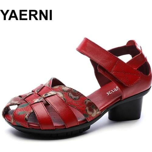 YAERNI 2020 Genuine Leather Sandals Women Chunky Heel Sandals Soft Flowers Woven Fish Mouth Summer Shoes Casual Mother Sandals