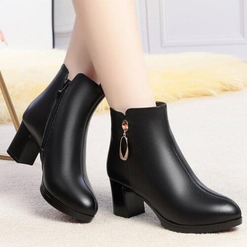 New Style Leather Womens Boots, Single Leather Boots, Korean Wool, Mothers Cotton Shoes, Thick Heel Short Boots, Women