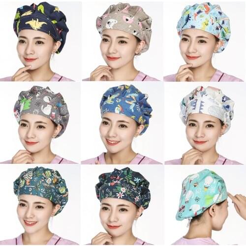 Women Scrubs Caps Cartoon Flower Printed Adjustable Bouffant Caps Cotton Sweatband Washable Workwear Christmas Hats Accessories