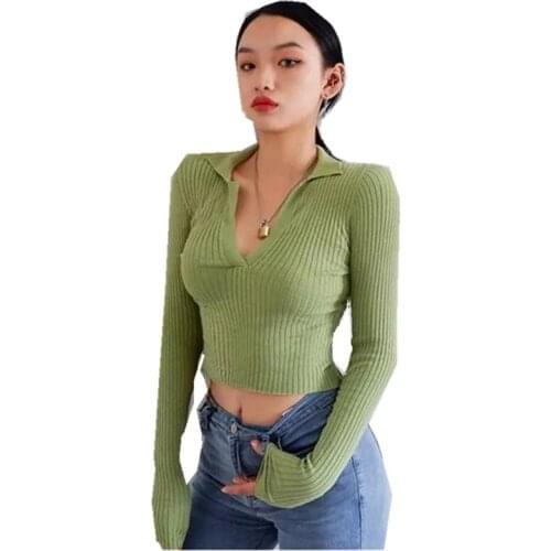 2019 Women Knitting Striped Line Lapel V neck Sweater Vintage Exposed navel Short Pullover Knitwear Long sleeve Jumper Tops Sexy