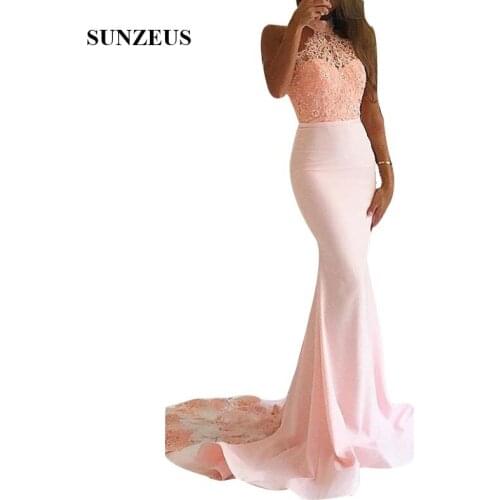 Abiti da cerimonia donna Long Pink Bridesmaids Gowns High Neck Mermaid Party Gowns Beaded Appliques Wedding Guest Gown Wear