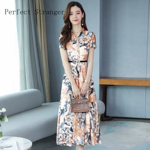 2021 Summer New Arrival High Quality Elegant Turn Down Collar Flower Printed Short Sleeve Women Chiffon Long Dress