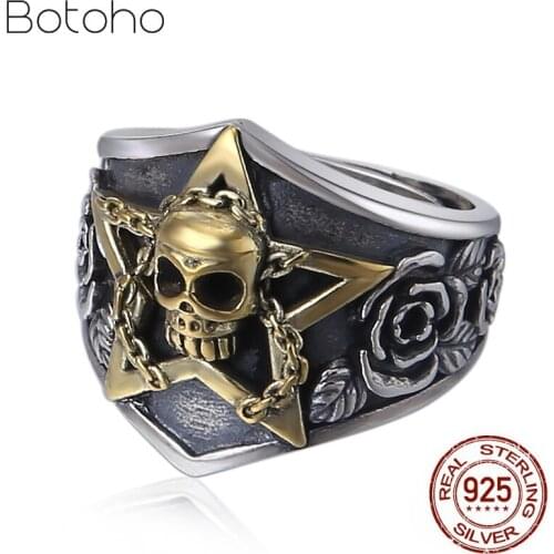 100% 925 Sterling Silver color Skull Men Ring Rose Flower Pentagram Skeleton Shape Vintage Punk Rings Fashion Jewelry Gifts