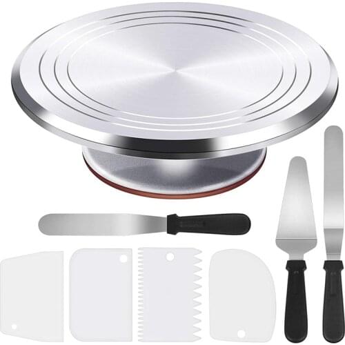 Aluminium Alloy Rotating Cake Turntable 12Inch Revolving Cake Decorating Stand with 3 Angled Icing Spatula, 3 Icing Comb