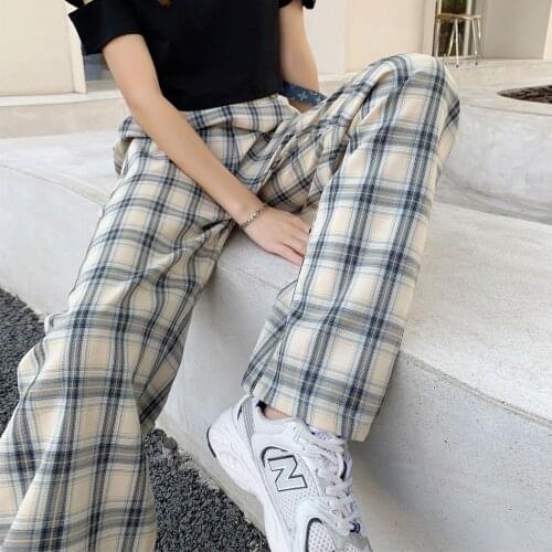 Harajuku Womens Loose Wide Leg Pants High Waist Plaid Printed Pockets Straight Trousers Female Casual Autumn Pantalones P193