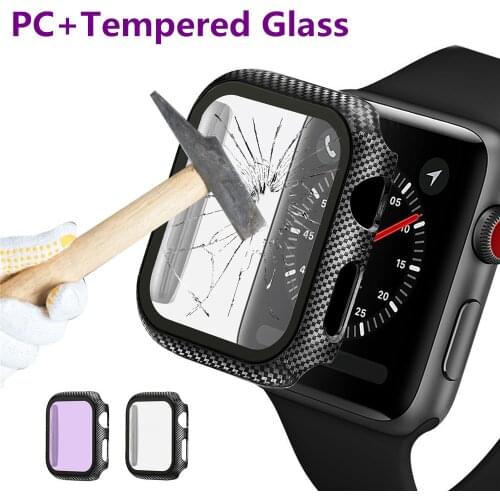 Case for Apple Watch Series SE/6/5/4/3/2 PC Carbon Fiber Cover+Tempered Glass Full Protective Bumper for iWatch 40/44MM 38/42MM