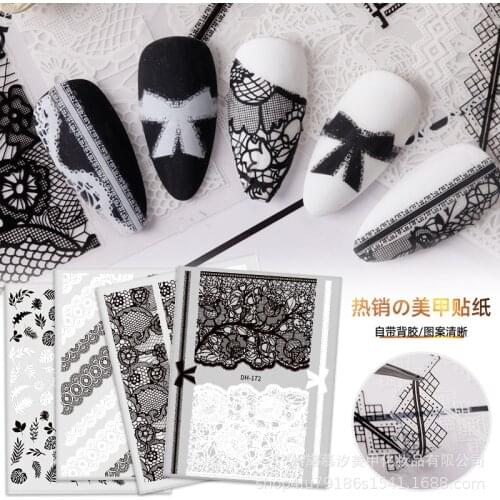 Flower chic black and white lace hollow nail sticker self-adhesive 3D nail sticker transfer decal holographic decoration AE008