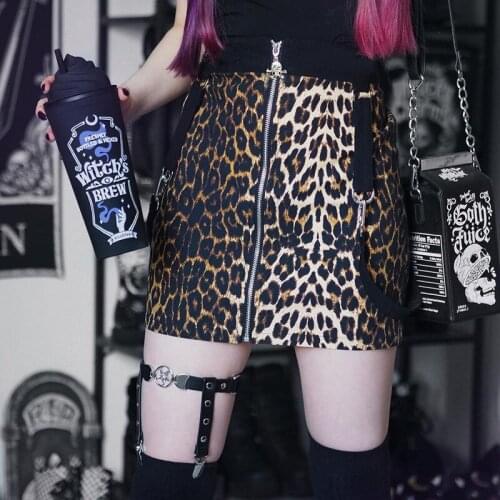 Ruibbit Punk Goth Harajuku A-line Leopard Print Bandage Sexy Mini Skirt Streetwear Gothic Hight Waist Zipper Skits