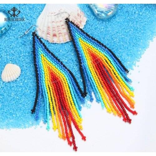 Fashionable Colorful Seven-color Light Beaded Earrings Bohemian National Wind Braided Rope Chain Acrylic Earrings Pendant