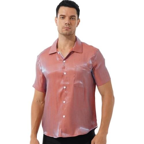 Men Fashion Shiny Short Sleeve Shirt Tops Solid Color Casual Tops Turn-down Collar T-shirts with Pocket for Concert Party