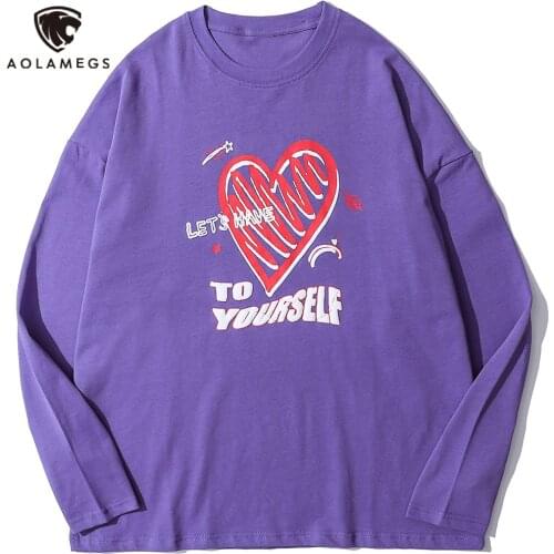 Aolamegs Mens T-Shirts Letter Print Graffiti Oversize T-shirts All-match Harajuku Streetwear Autumn Long Sleeve Tops Tee Couple