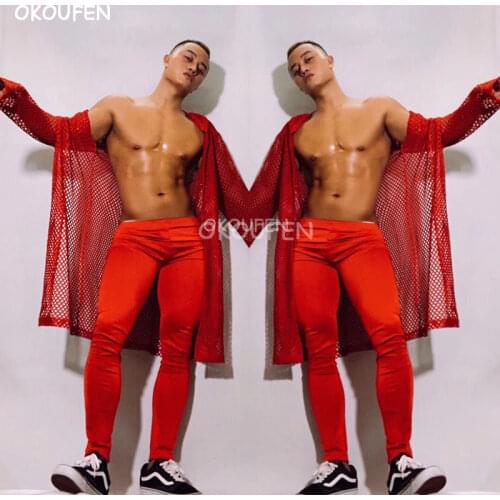 New Mens red perspective sexy stage ds costumes openwork jacket bar nightclub ds mens performance show wear