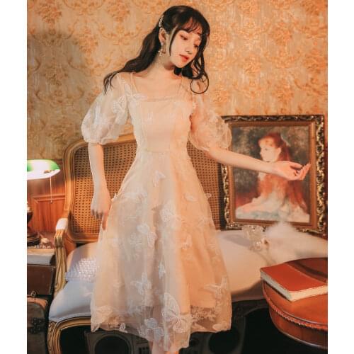 High Quality Embroidery Party Dresses Butterfly embroidered square collar with bubble sleeves Dress Vestidos