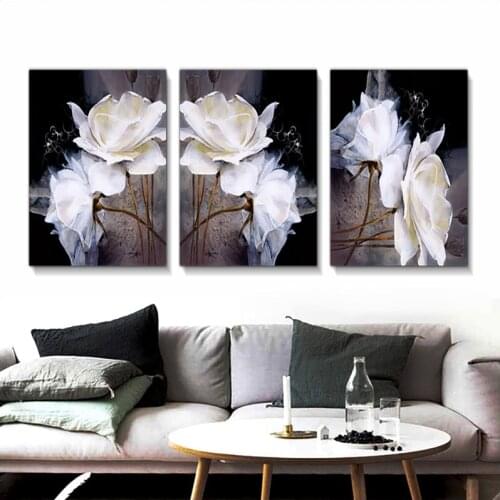 Simplicity Flower Poster, White Rose Canvas Modern Aesthetics Still Life Painting, Black Flowers, Waterproof Printing Canvas, Fa