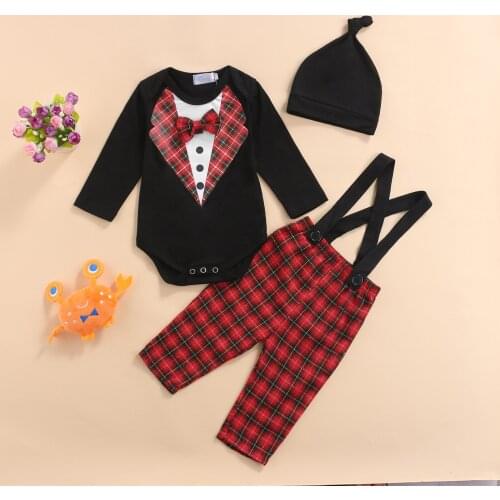 FOCUSNORM Christmas Baby Boy’s Casual Clothes Suit Plaid Patchwork Long Sleeve Romper and Suspender Pants with hat 0-24M