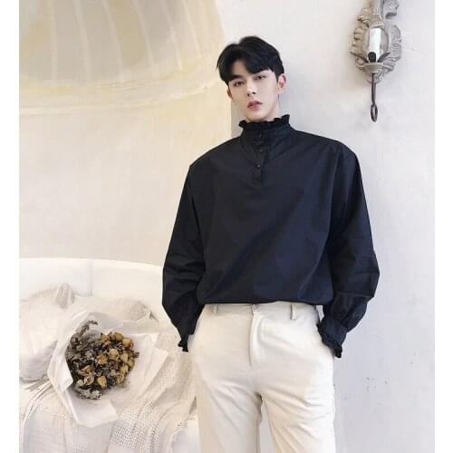 Men Fashion Solid Loose Party Dress Shirts Long Sleeve Casual Stand-up collar lotus leaf lace solid color long-sleeved shirt