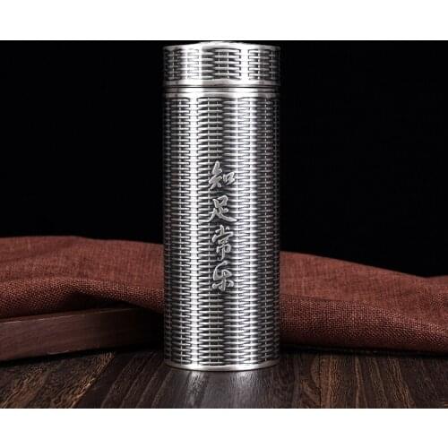 S999 Sterling Silver Vacuum Flasks Cup Hand-Carving Cicada Thermos for Tea Water Bottle