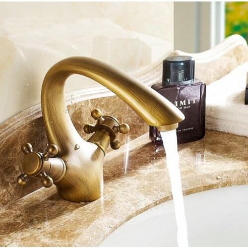 Antique Brass Dual Cross Handles Bathroom Single hole Deck Mounted Faucet Vessel Sink Basin Mixer Tap anf006