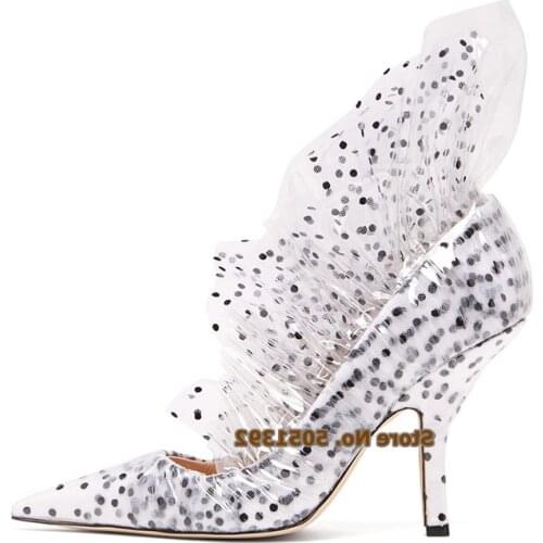 Shoes Women Stiletto Mesh Pointed Toe Polka Dot Pumps Lace Flounce Pleated Fashion Show Party High Heel Stylish Shoes Slip On