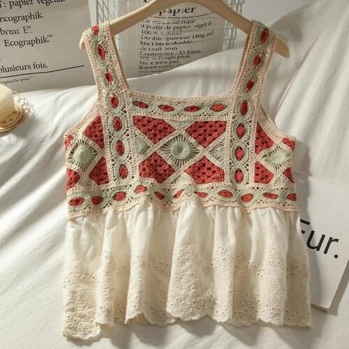 Patchwork Cropped Top Women Clothing Knitted Hollow Out Camisole Female Clothes Backless Lace Tops Ladies Tank-top Summer
