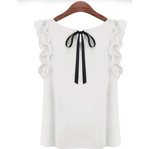 Summer Sexy Chiffon Shirt Womens Elegant Bow Tie Blouse Casual O-neck Butterfly Sleeveless White Women Blouse Roupas New