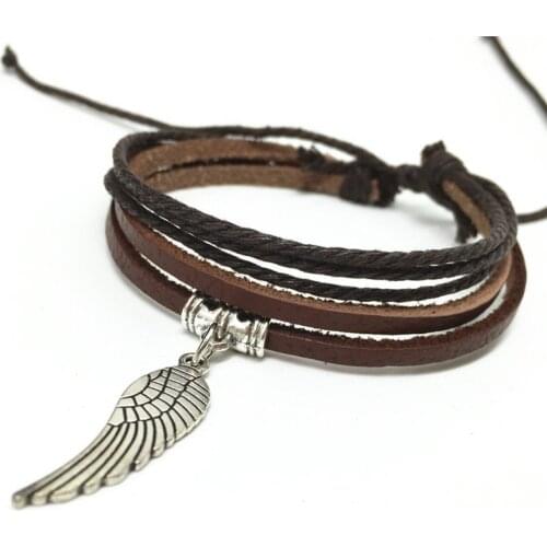 New Hemp Rope Vintage Angle Wing Infinity Anchor Hamsa Cross Charm Genuine Leather Bracelets for Women Femme Homme Men Jewelry