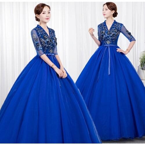 2021 New Stock Royal Blue Long Sleeves V-Neck Lace Quinceanera Dresses Ball Gown Prom Dress Sweet 16 Corset Vestidos De 15 Anos
