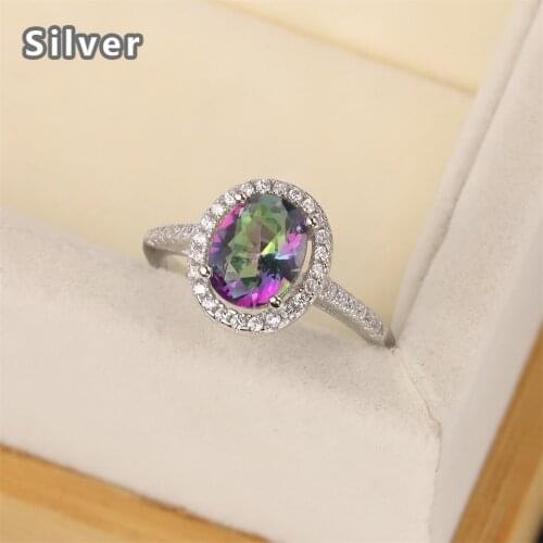 European and American S925 Silver Ring womens fashion diamond inlaid with oval egg shaped Seven color Topaz color gem gift