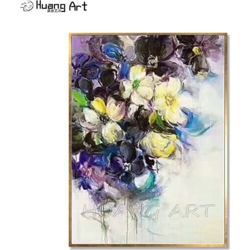100% Hand-painted Purple Flower Oil Painting on Canvas Wall Pictures for Home Decor Modern Flower Oil Painting No Frame Artwork