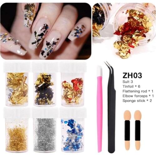 6 Box Gold Glitter Flakes Irregular Aluminum Foil Sequins 6*Tin Foil+1*Pushing Stick+2*Sponge Stick Nail Art Decorations TSLM1