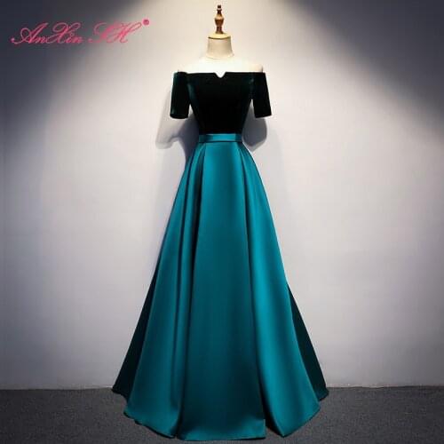 AnXin SH vintage green princess boat neck red luxury satin long evening dress lace up blue turkey a line velvet evening dress