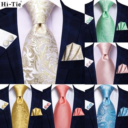Hi-Tie Men Silk Wedding Tie Light champagne Mint Paisley Solid Fashion Design Gift Necktie For Men Hanky Cufflink Business Party