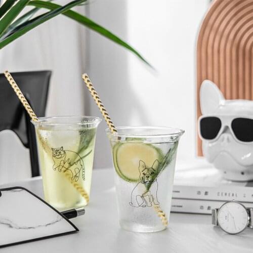 Inswind Simple Glass Transparent Hot Coffee Drink Cup Cat Dog Line Draw Milk Juice Cup Water Bottle Glass Cute Kawaii Water Cups